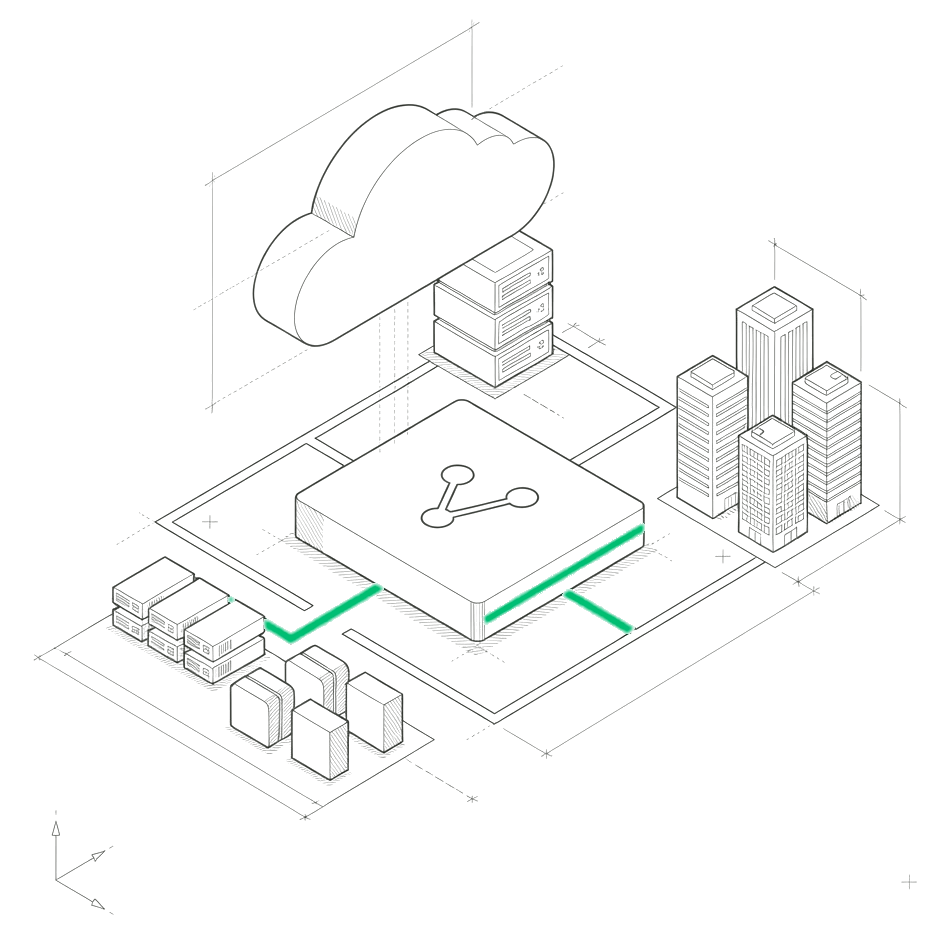 Architectural network drawing connecting cloud servers, applications and enterprise buildings through Alameda’s central platform.